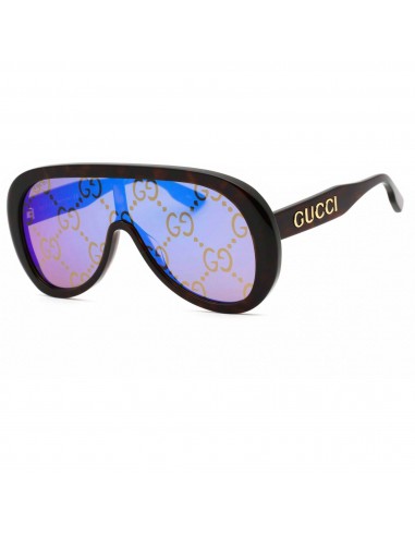 Gucci Men's Sunglasses - Havana Shield Full Rim Plastic Frame Blue Lens | GG1370S 002 en linge