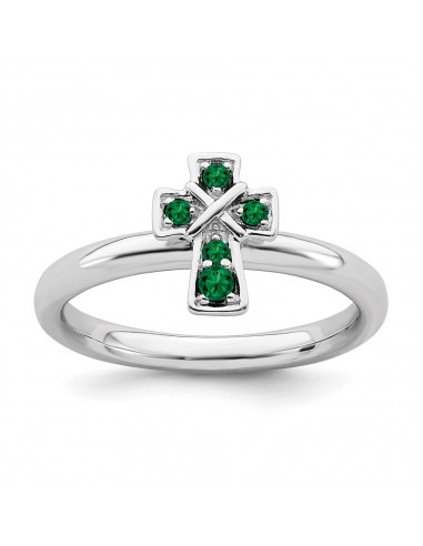 Sterling Silver Stackable Expressions Rhodium Created Emerald Cross Ring | QSK1634 de la marque