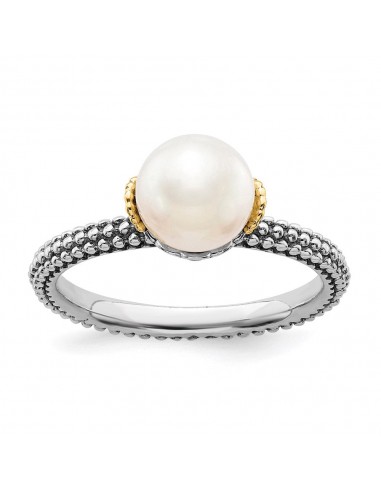 Sterling Silver & 14k Stack Exp. 7.0-7.5mm White FW Cultured Pearl Ring | QSK856 paiement sécurisé