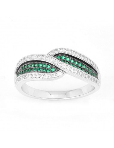 Sterling Silver Crossed Emerald and CZ Micro Pave Ring - W-9908 outlet